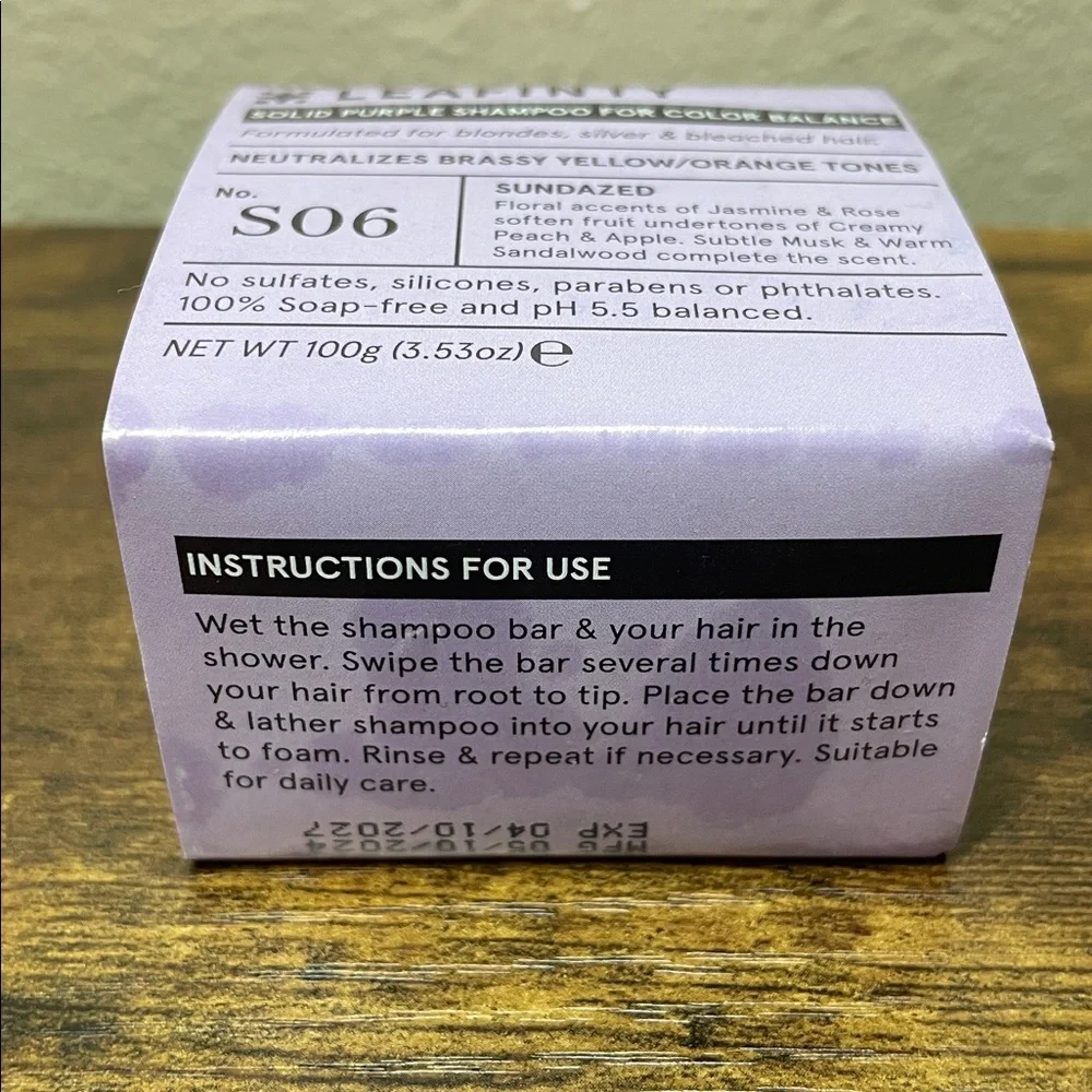 Leafinity Purple Shampoo Bar Formula S06 Color Balancing Vegan